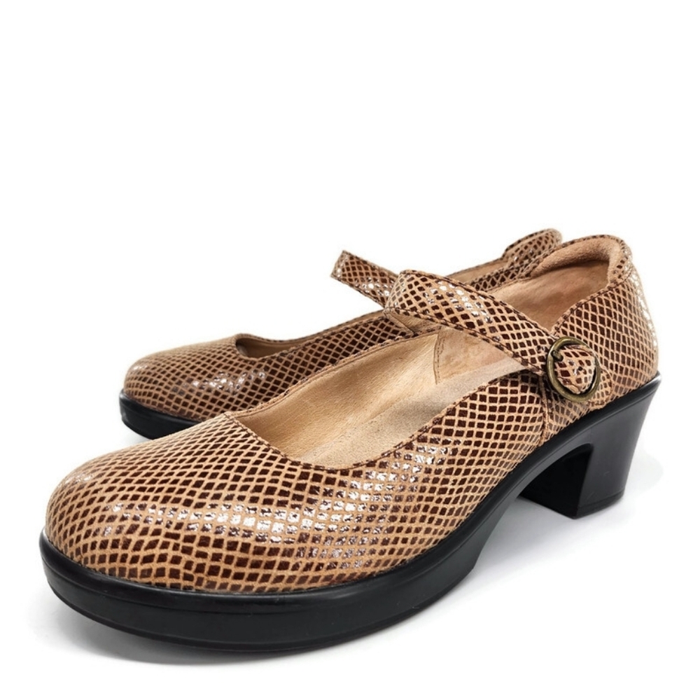 Alegria Harper Burnished Tan & Brown Textured Snake Print Mary-Jane Clog Loafers
